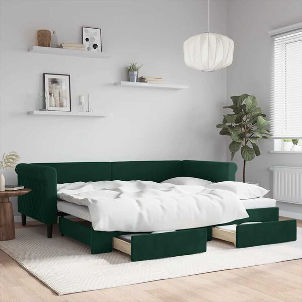 vidaXL Divano Letto Estraibile Cassetti Verde Scuro 90x200cm Velluto