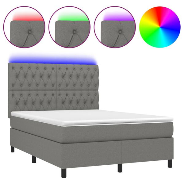 vidaXL Letto a Molle Materasso e LED Grigio Scuro 140x200cm in Tessuto