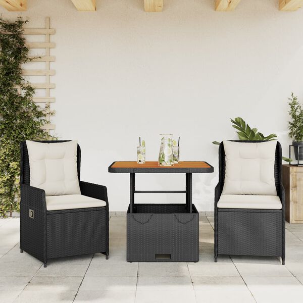 vidaXL Set da Bistrò 3 pz con Cuscini Nero in Polyrattan
