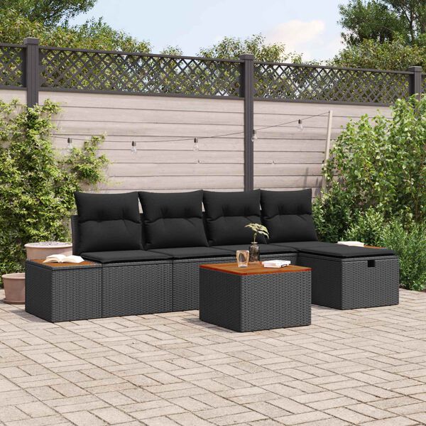 vidaXL Set Divano da Giardino con cuscino 6 pcs Nero Poly Rattan