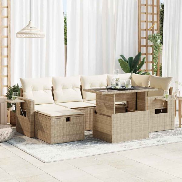 vidaXL Set Divani da Giardino 7 pz con Cuscini Beige in Polyrattan