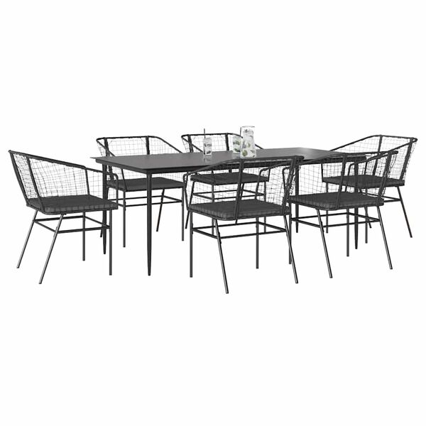 vidaXL Set Pranzo da Giardino 7 pz Nero con Cuscini Polyrattan Vetro
