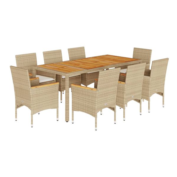 vidaXL Set Pranzo da Giardino 9 pz con Cuscini Beige Polyrattan Acacia