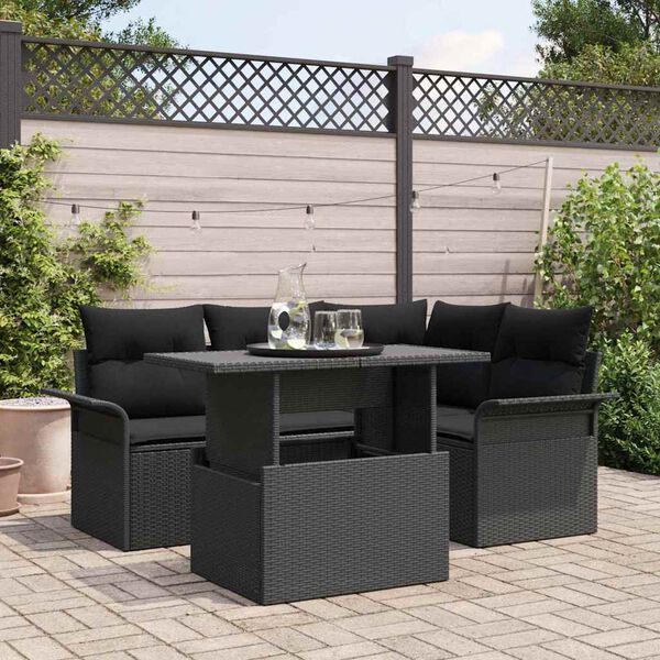 vidaXL Set Divano da Giardino con cuscino 5 pcs Nero Poly Rattan