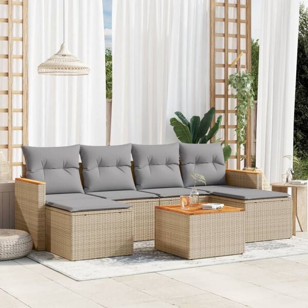 vidaXL Set Divani da Giardino 7 pz con Cuscini Beige in Polyrattan