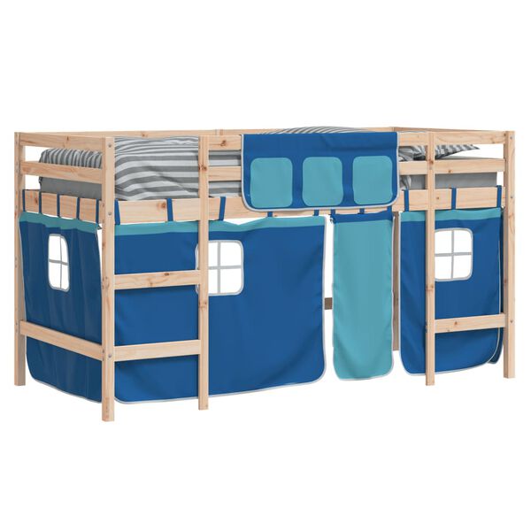 vidaXL Letto a Soppalco con Tende Bambini Blu 80x200 cm Massello Pino