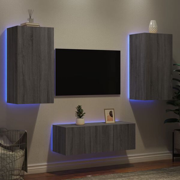 vidaXL Mobili TV a Muro con LED 4pz Grigio Sonoma in Legno Multistrato