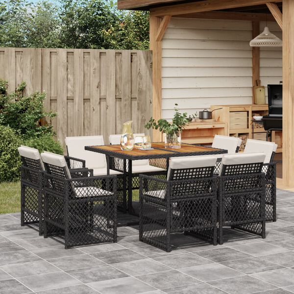 vidaXL Set da Pranzo da Giardino 9 pz con Cuscini Nero in Polyrattan