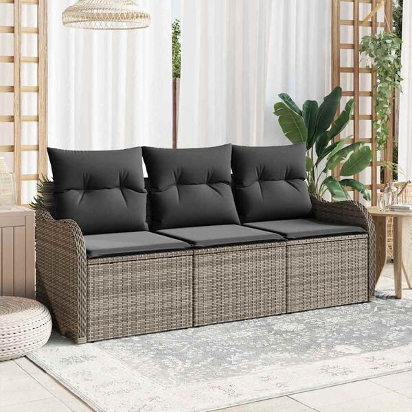 vidaXL Set Divano da Giardino con cuscino 3 pcs Grigio Poly Rattan