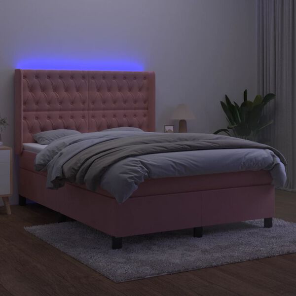 vidaXL Letto a Molle con Materasso e LED Rosa 140x190 cm in Velluto