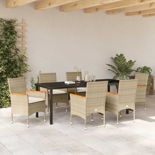 vidaXL Set da Pranzo per Giardino con cuscino 7 pcs Beige polyrattan