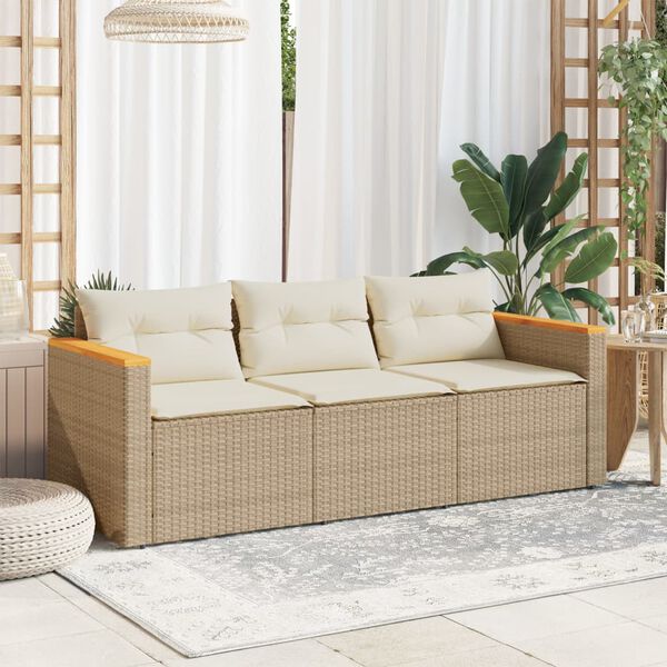 vidaXL Divano da Giardino con Cuscini a 3 Posti Beige in Polyrattan