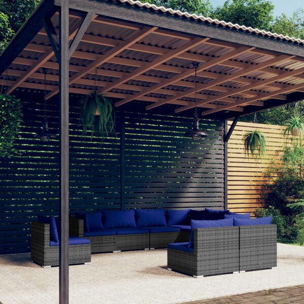 vidaXL Set Divani da Giardino 9 pz con Cuscini in Polyrattan Grigio