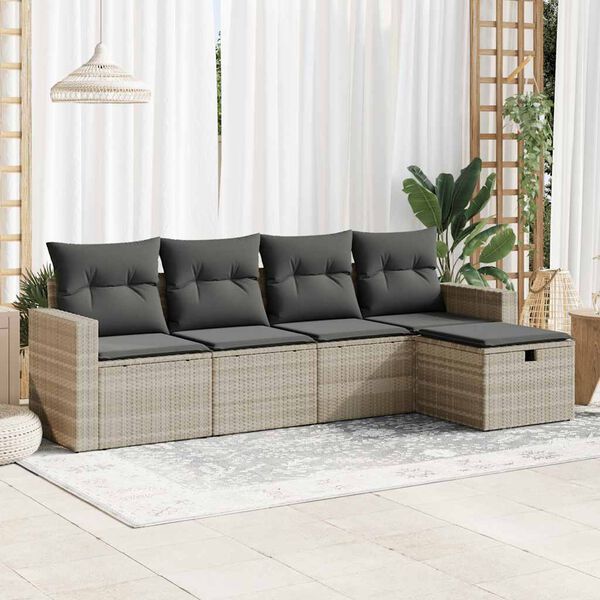 vidaXL Set Divano da Giardino 5pz con Cuscini Grigio Chiaro Polyrattan