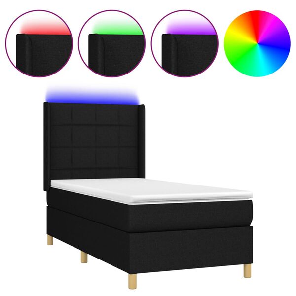 vidaXL Letto a Molle con Materasso e LED Nero 90x190 cm in Tessuto