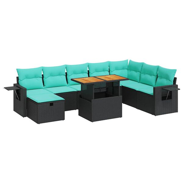 vidaXL Set Divani da Giardino 9 pz con Cuscini Nero Polyrattan Acacia