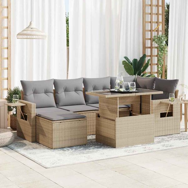 vidaXL Set Divani da Giardino 7 pz con Cuscini Beige in Polyrattan