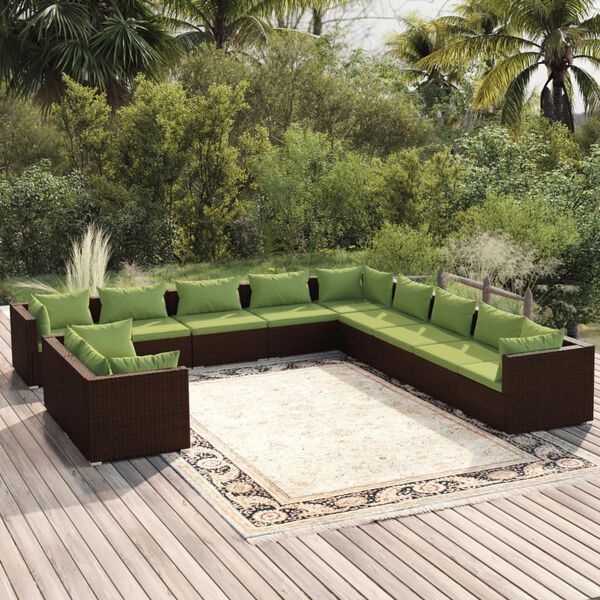vidaXL Set Divani da Giardino 11 pz con Cuscini in Polyrattan Marrone