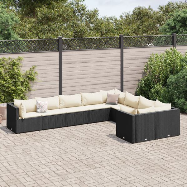 vidaXL Set Divani da Giardino 9 pz con Cuscini Nero in Polyrattan