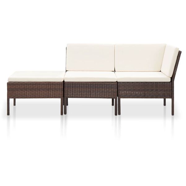 vidaXL Set Divani da Giardino 3 pz con Cuscini in Polyrattan Marrone