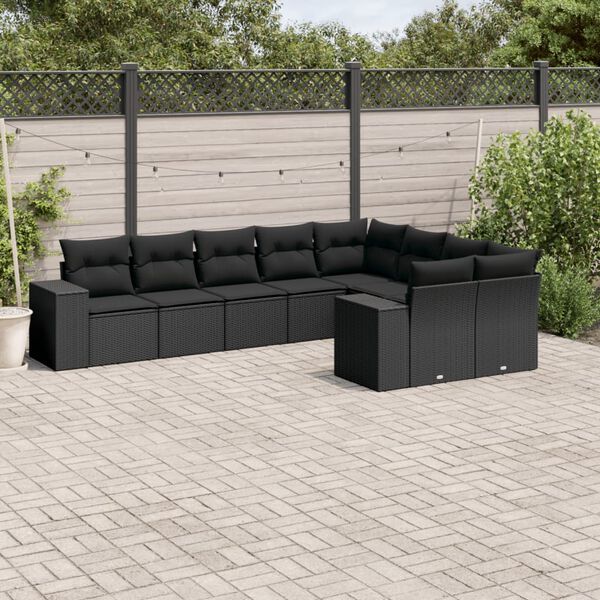 vidaXL Set Divani da Giardino 9 pz con Cuscini Nero in Polyrattan