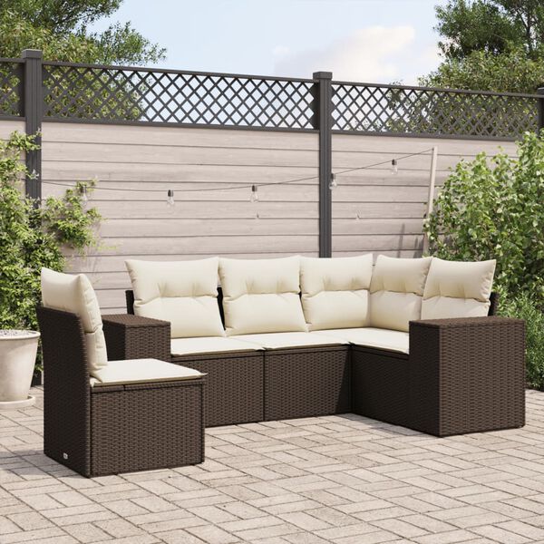 vidaXL Set Divano da Giardino 5 pz con Cuscini Marrone in Polyrattan
