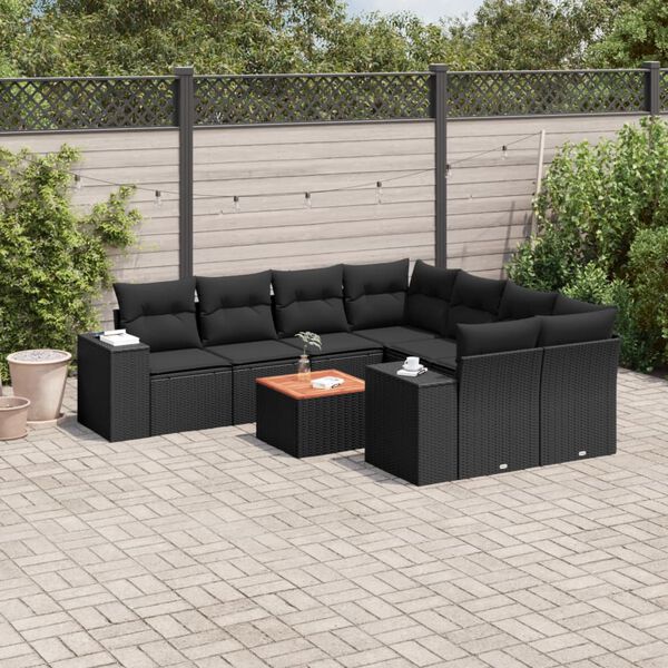 vidaXL Set Divani da Giardino 9 pz con Cuscini Nero in Polyrattan