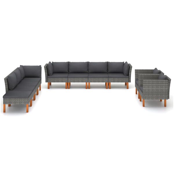 vidaXL Set Divani Giardino 10pz Polyrattan Legno di Eucalipto Grigio