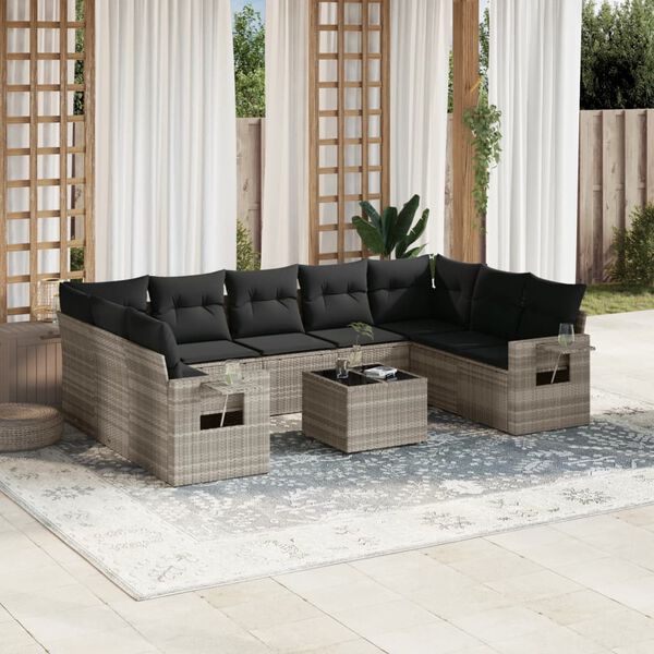 vidaXL Set Divano Giardino 10 pz con Cuscini Grigio Chiaro Polyrattan