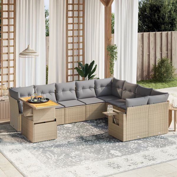 vidaXL Set Divano da Giardino 10 pz con Cuscini Beige in Polyrattan