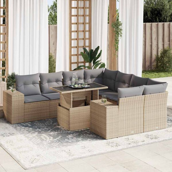 vidaXL Set Divano da Giardino 9 pz con Cuscini Beige in Polyrattan