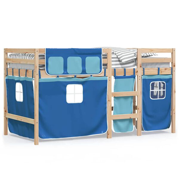 vidaXL Letto a Soppalco Bambini con Tende Blu 90x190 cm Massello Pino