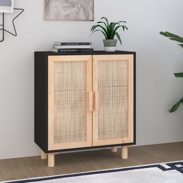 vidaXL Credenza Nera 60x30x70 cm Legno Massello Pino e Rattan Naturale