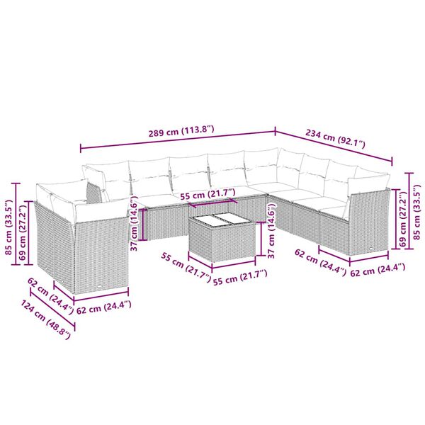 vidaXL Set Divani da Giardino 11 pz con Cuscini in Polyrattan Grigio