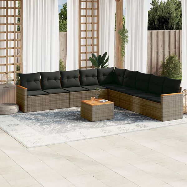 vidaXL Set Divano da Giardino 10 pz con Cuscini Grigio in Polyrattan