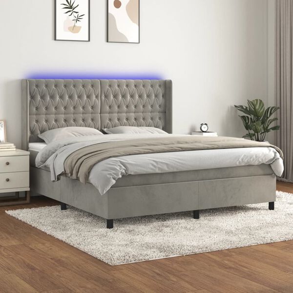 vidaXL Letto a Molle Materasso e LED Grigio Chiaro 160x200 cm Velluto