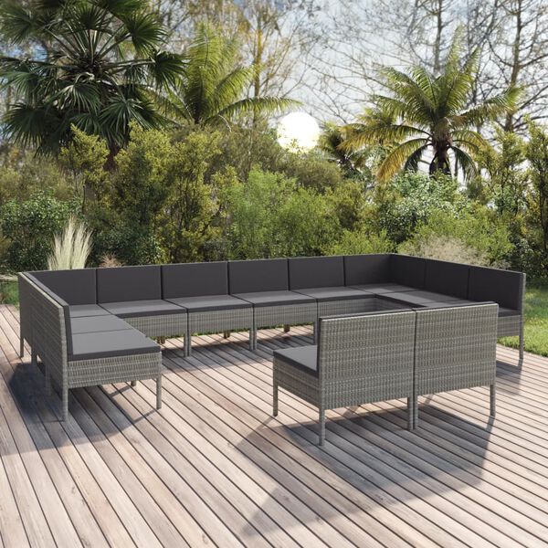 vidaXL Set Divani da Giardino 12 pz con Cuscini in Polyrattan Grigio