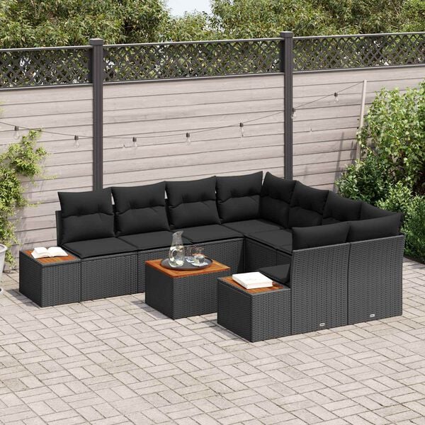 vidaXL Set Divano da Giardino con cuscino 9 pcs Nero Poly Rattan