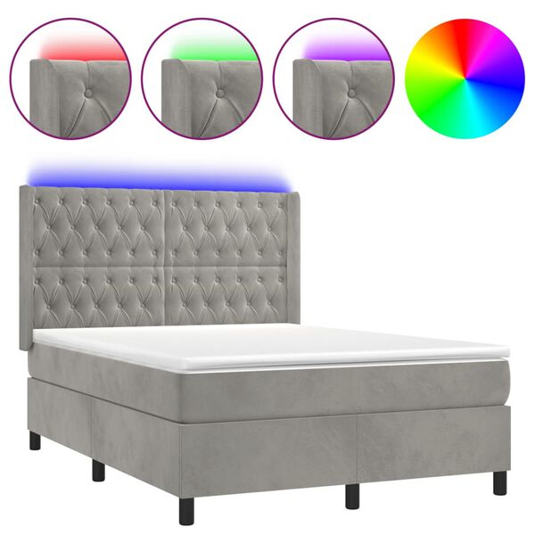 vidaXL Letto a Molle Materasso e LED Grigio Chiaro 140x190 cm Velluto