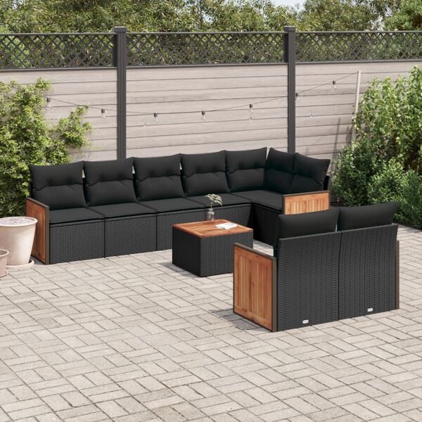 vidaXL Set Divani da Giardino 9 pz con Cuscini Nero in Polyrattan