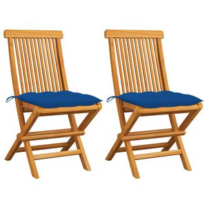 vidaXL Sedie pieghevoli con cuscini blu, 2 pezzi, in legno massello di teak.