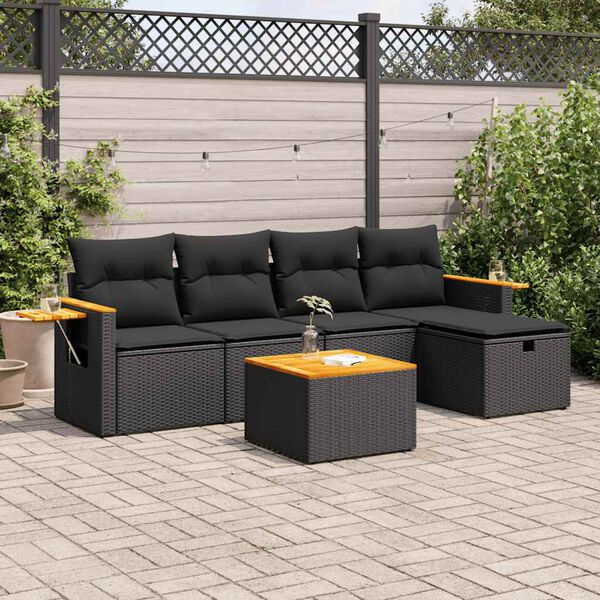 vidaXL Set Divano da Giardino 6 pz con Cuscini Nero in Polyrattan