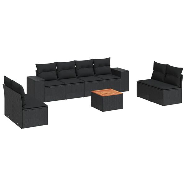 vidaXL Set Divani da Giardino 9 pz con Cuscini Nero in Polyrattan