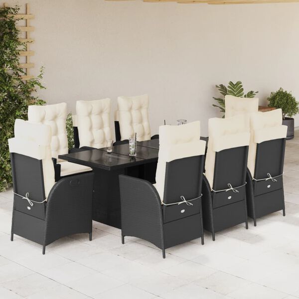 vidaXL Set da Pranzo da Giardino 9 pz con Cuscini Nero in Polyrattan
