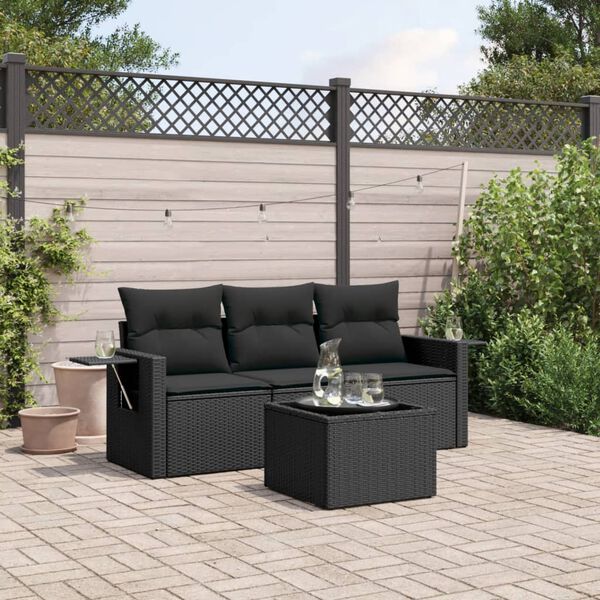 vidaXL Set Divani da Giardino 4 pz con Cuscini Nero in Polyrattan