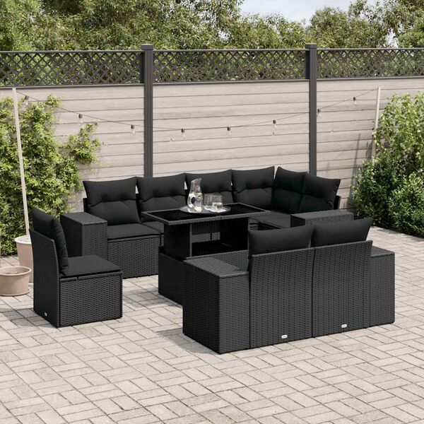 vidaXL Set Divani da Giardino 9 pz con Cuscini Nero in Polyrattan
