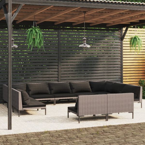 vidaXL Divani da Giardino 11 pz con Cuscini in Polyrattan Grigio Scuro