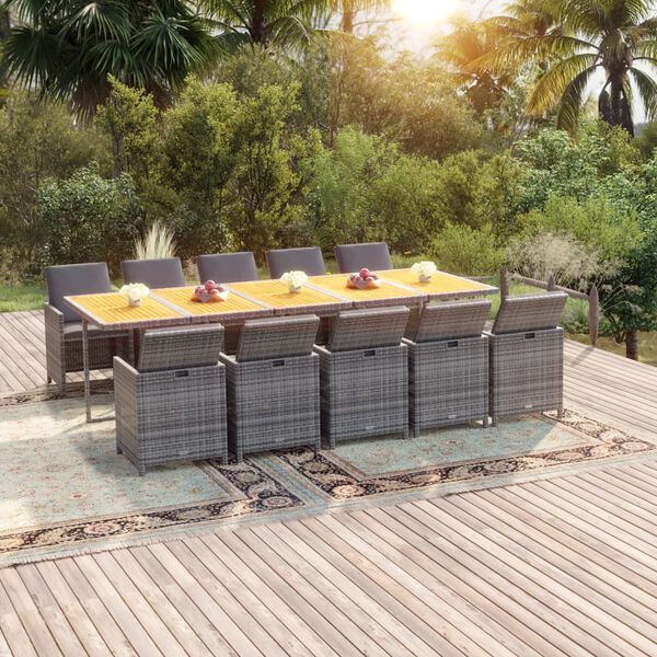 vidaXL Set Pranzo da Giardino 11 pz con Cuscini in Polyrattan Grigio