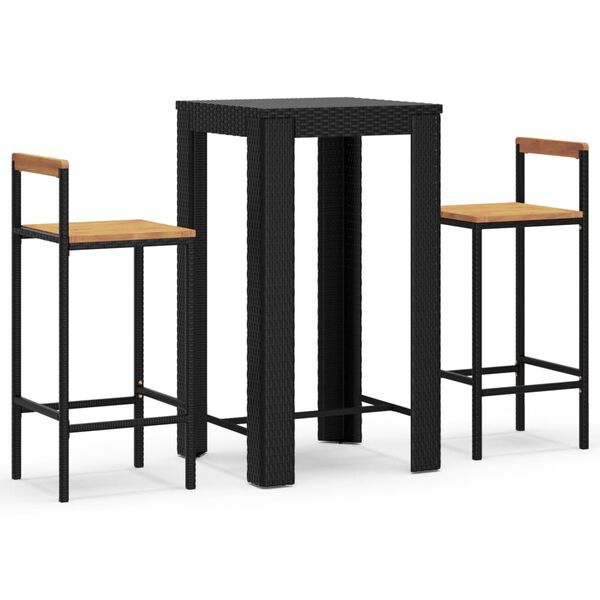 vidaXL Set Bar Giardino 3 pz Nero Polyrattan e Legno Massello Acacia