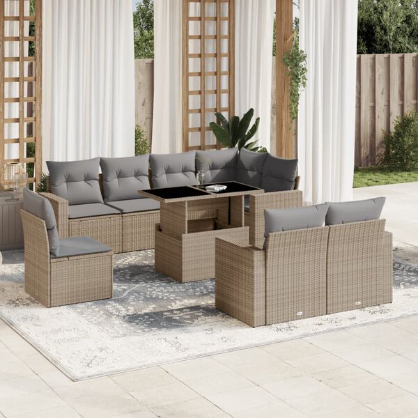 vidaXL Set Divano da Giardino 9 pz con Cuscini Beige in Polyrattan